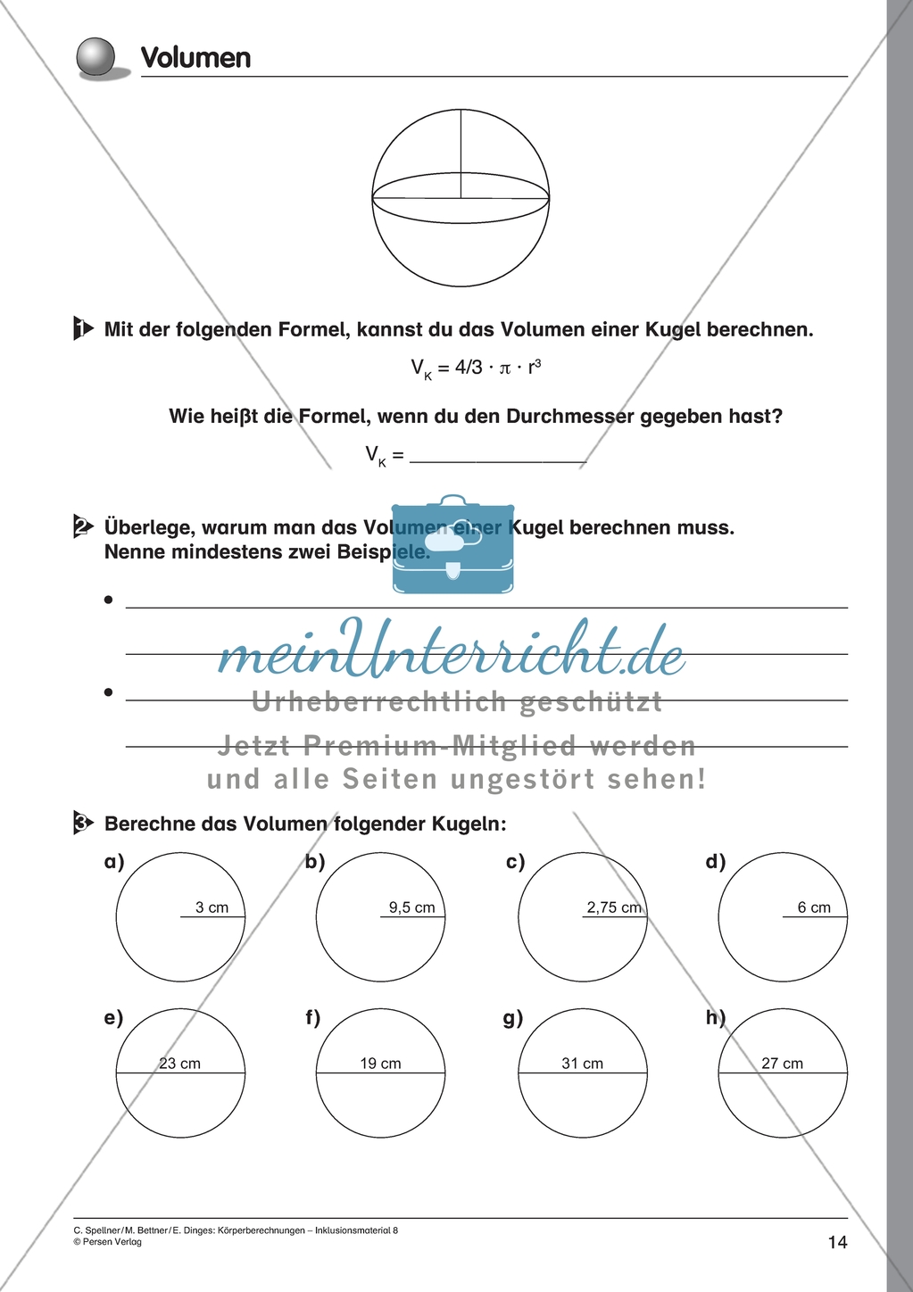 Körperberechnung - Volumen der Kugel Preview 1