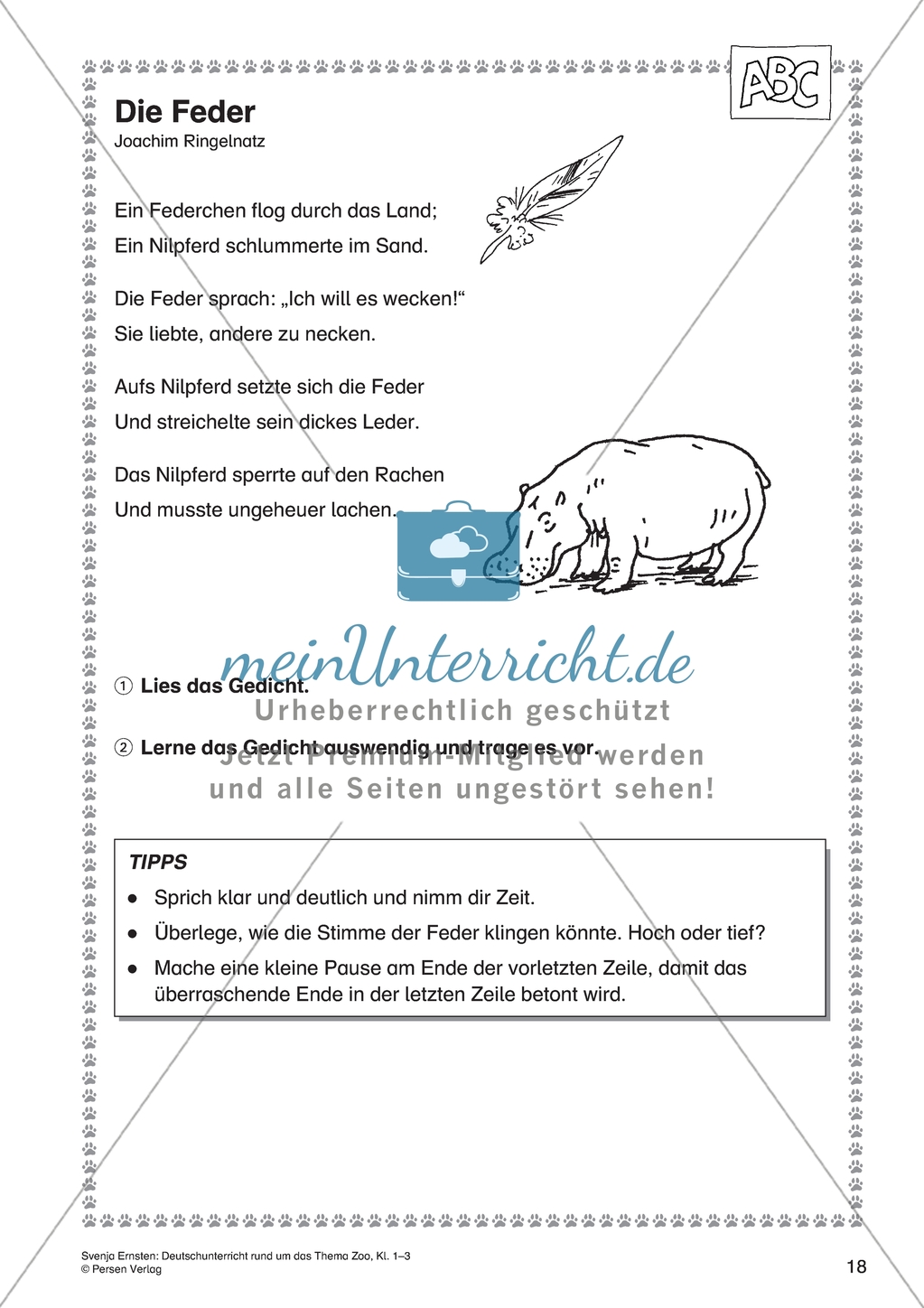 Deutschunterricht rund um das Thema Zoo - Ein Gedicht auswendig vortragen Preview 1