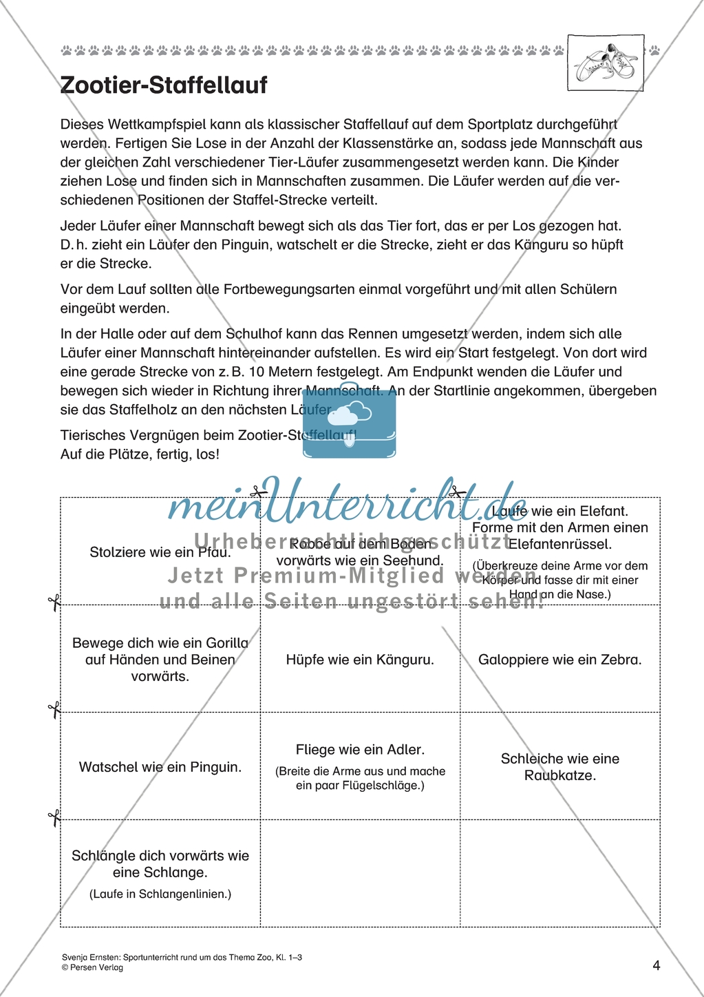 Sportunterricht rund um das Thema Zoo: Zootier-Staffellauf - Fortbewegungsarten von Tieren imitieren Preview 1