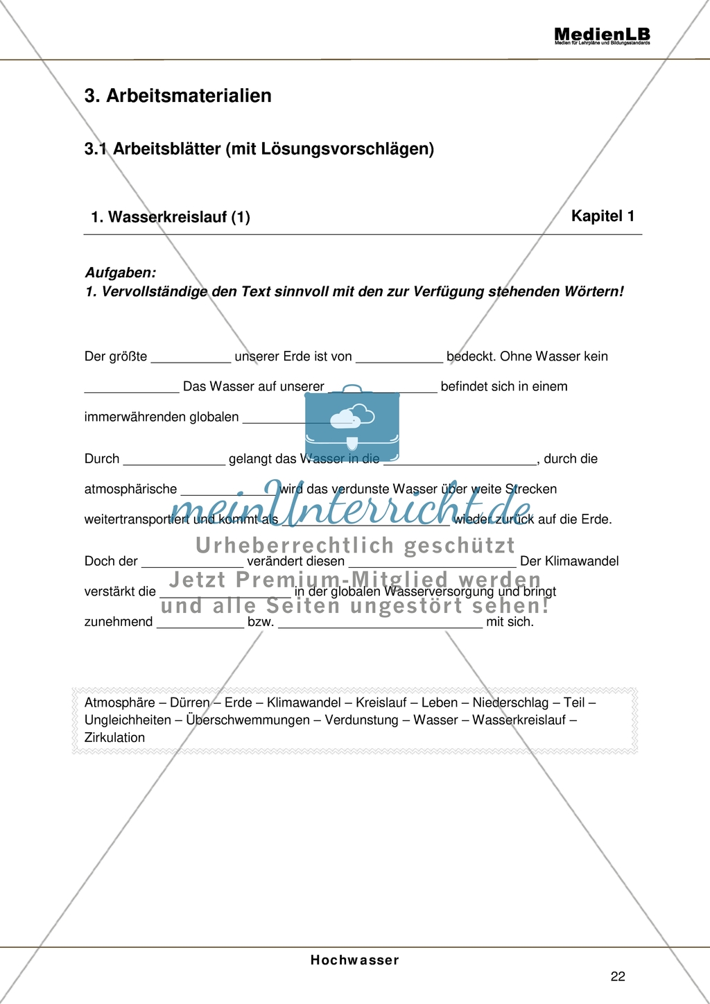 Hochwasser - Einen Text über den Wasserkreislauf mit vorgegebenen Wörtern vervollständigen + Wasserkreislauf beschriften Preview 1