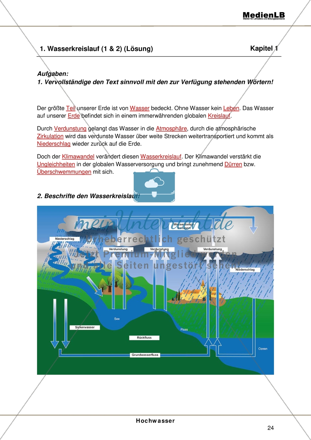 Hochwasser - Einen Text über den Wasserkreislauf mit vorgegebenen Wörtern vervollständigen + Wasserkreislauf beschriften Preview 3