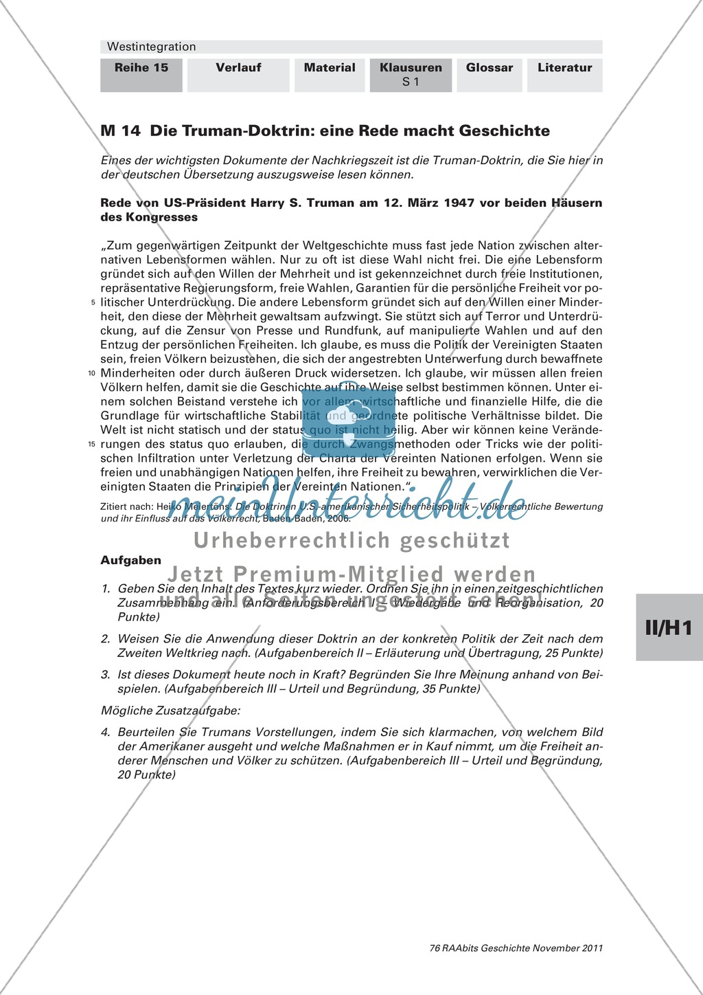 Lernerfolgskontrolle zur Westintegration am Beispiel der Truman-Doktrin Preview 1