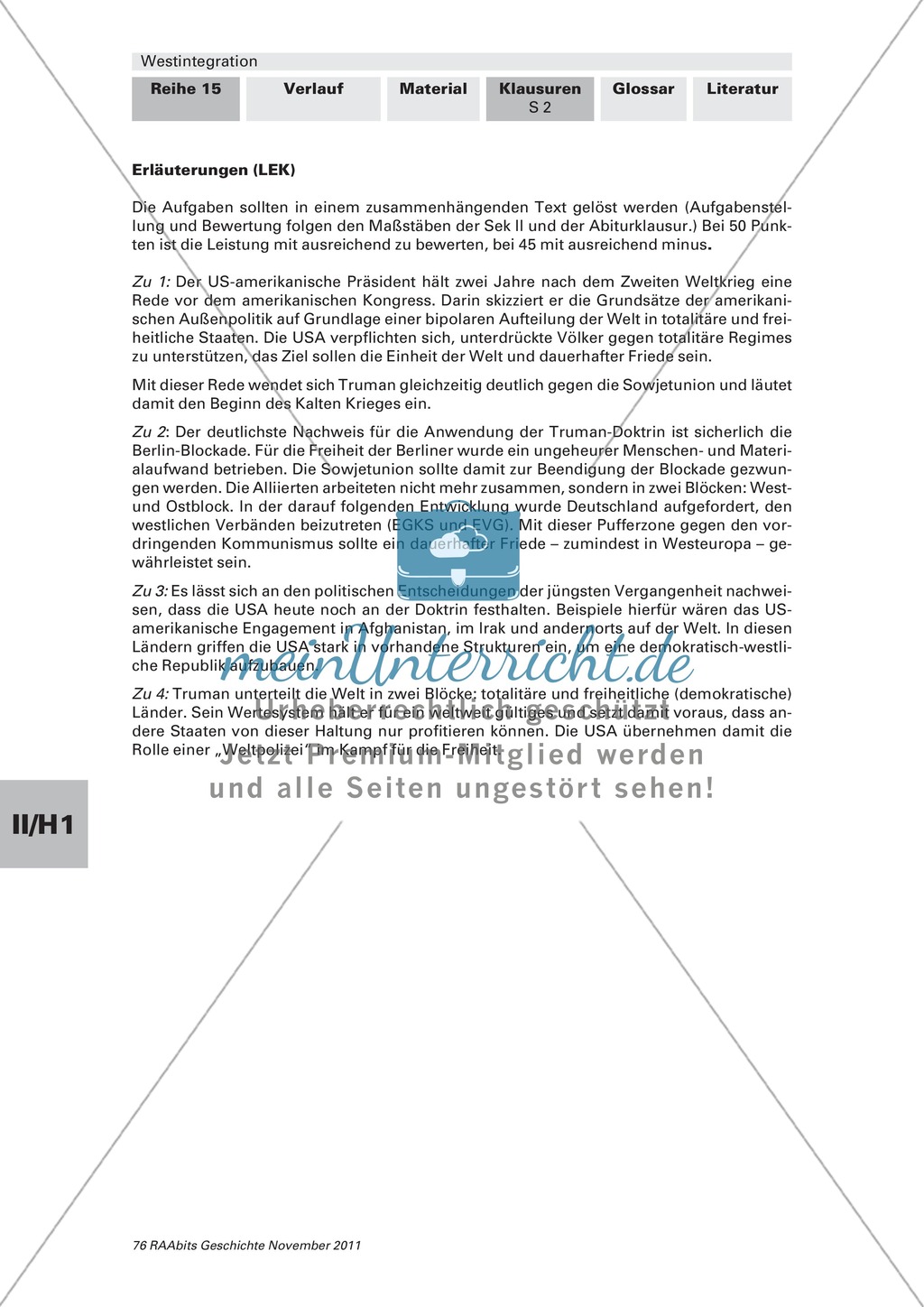 Lernerfolgskontrolle zur Westintegration am Beispiel der Truman-Doktrin Preview 2