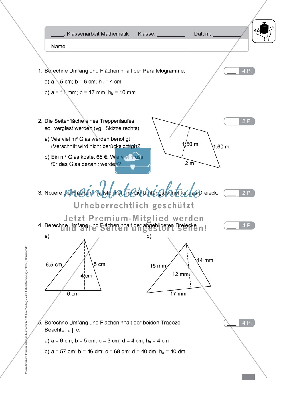 Klassenarbeit zur Flächenberechnung von Vielecken Preview 1