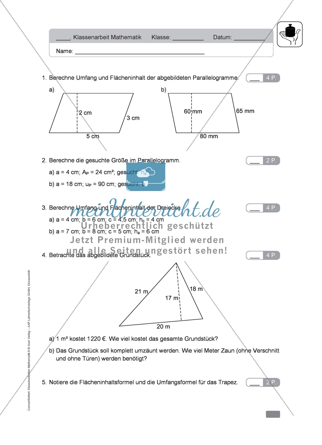 Lernkontrolle zur Flächenberechnung von Vielecken Preview 1