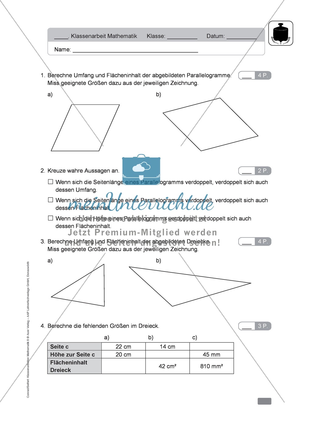 Vorschlag zu einer Klassenarbeit zur Flächenberechnung von Vielecken Preview 1
