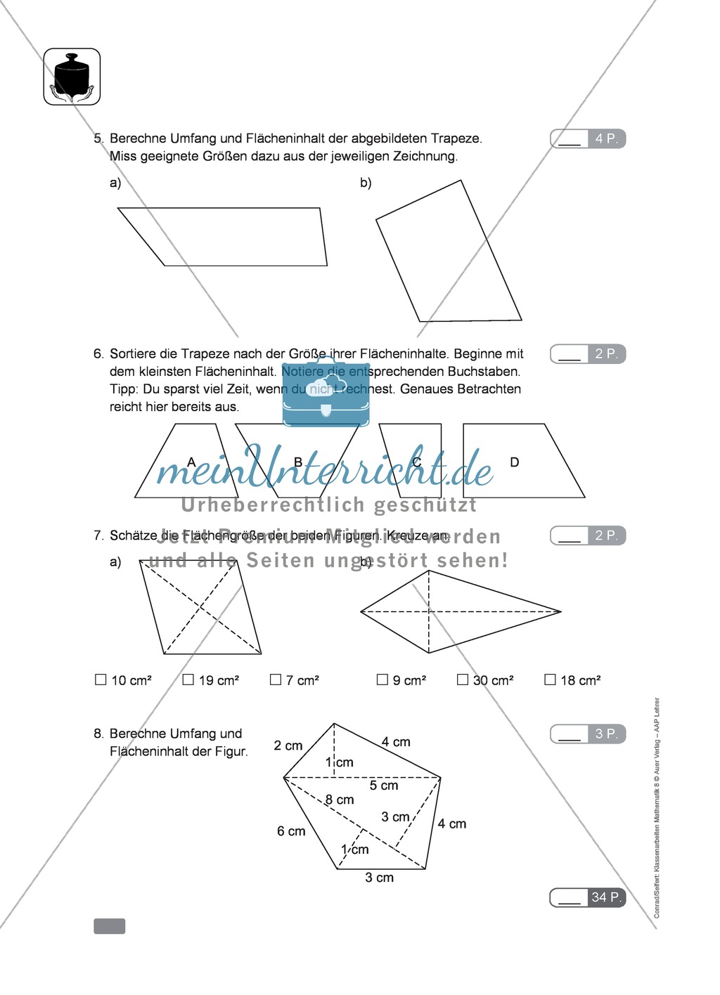 Vorschlag zu einer Klassenarbeit zur Flächenberechnung von Vielecken Preview 2