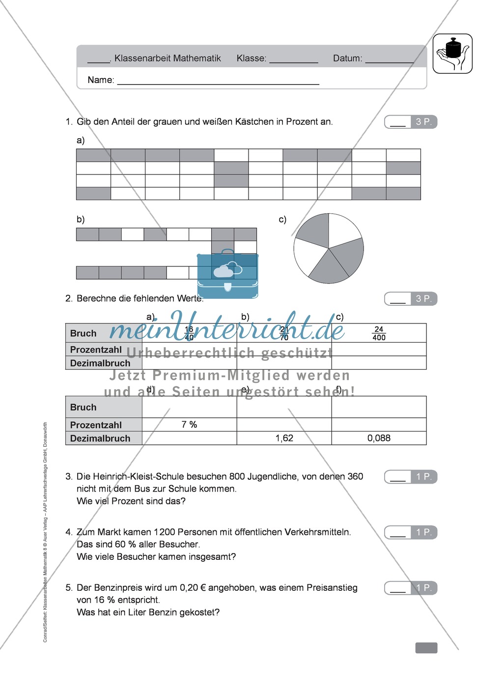 Klassenarbeit zur Prozentrechnung Preview 1