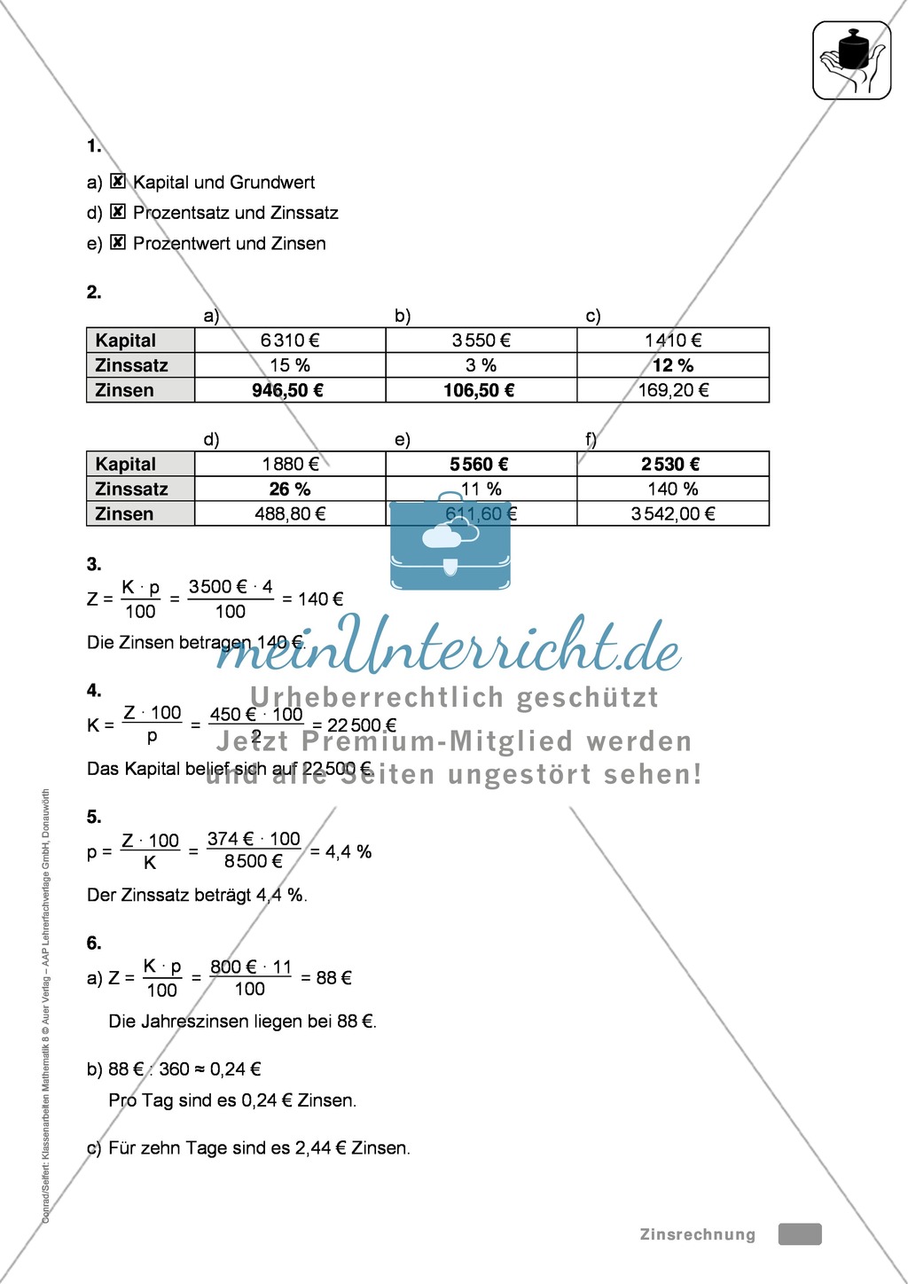 Klassenarbeit zur Zinsrechnung und zur Prozentrechnung Preview 3