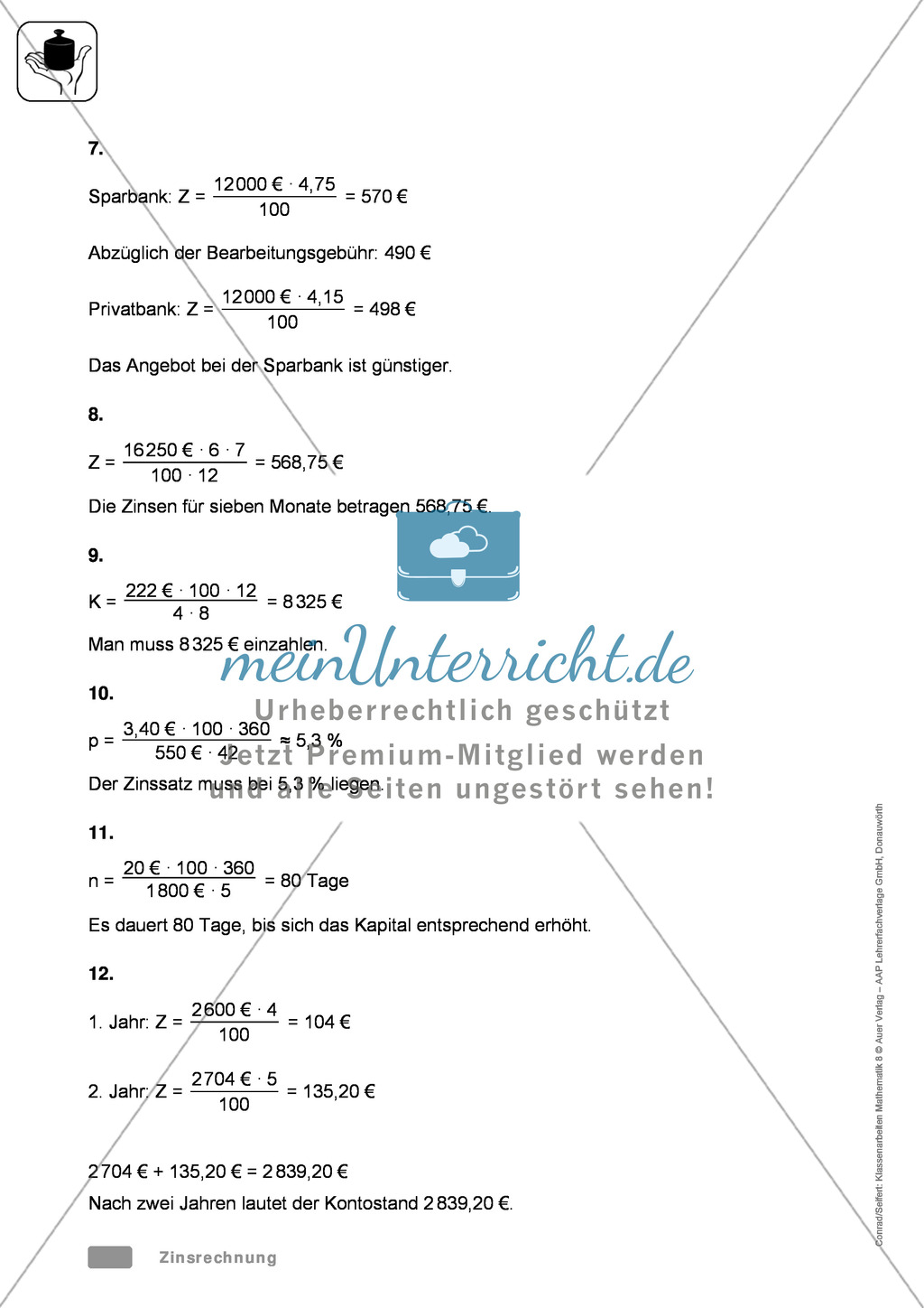 Klassenarbeit zur Zinsrechnung und zur Prozentrechnung Preview 4