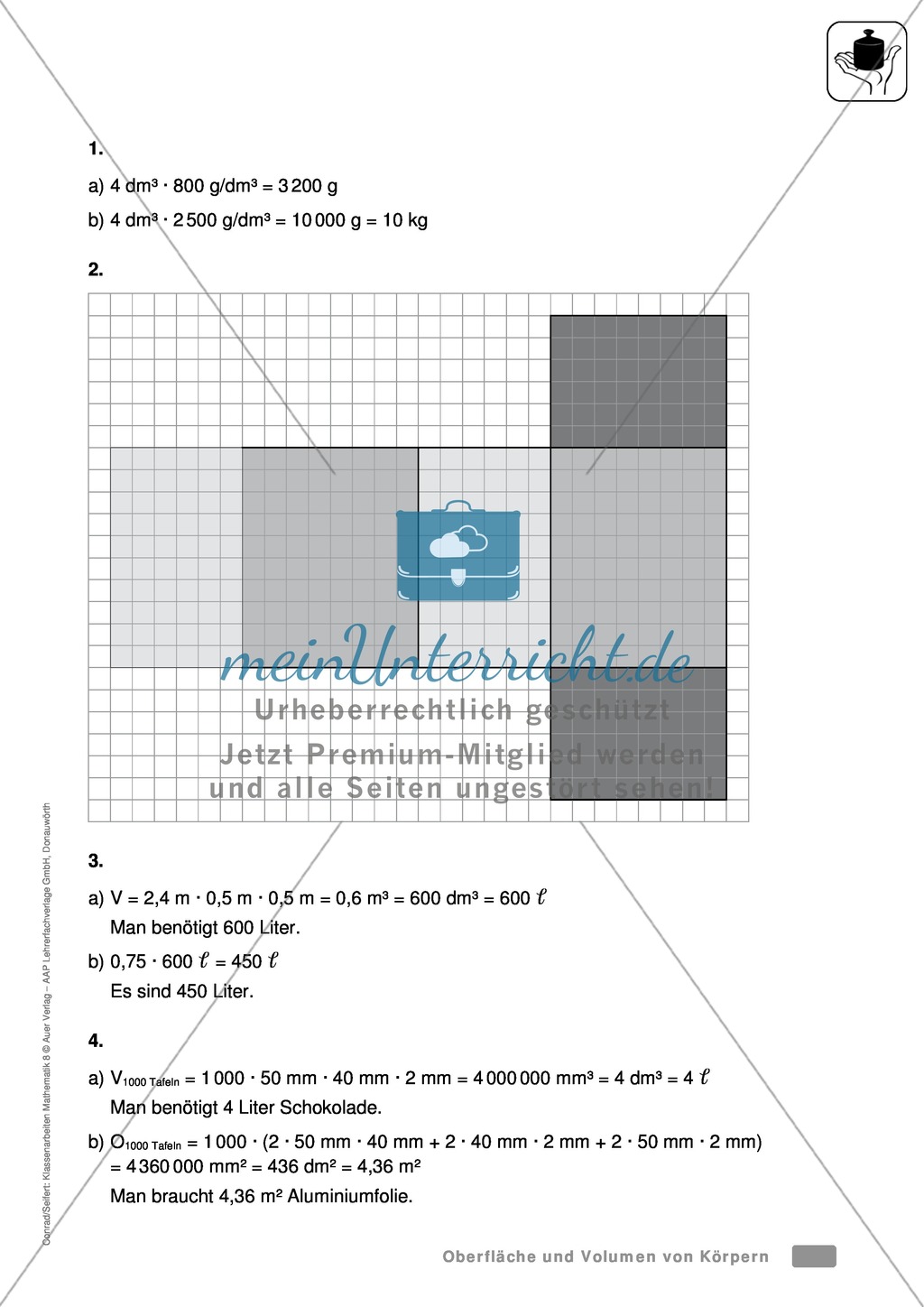 Klassenarbeit zur Berechnung von Oberflächen und Volumen eines Aquariums und Schokoladentafeln Preview 3