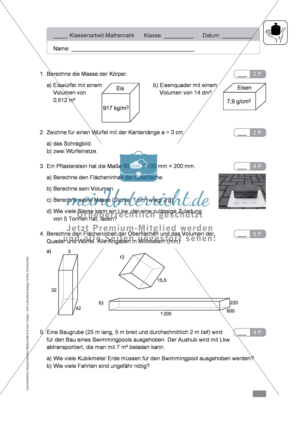 Klassenarbeit zur Berechnung von Oberflächen und Volumen eines Eiswürfels und Pflastersteinen Preview 1