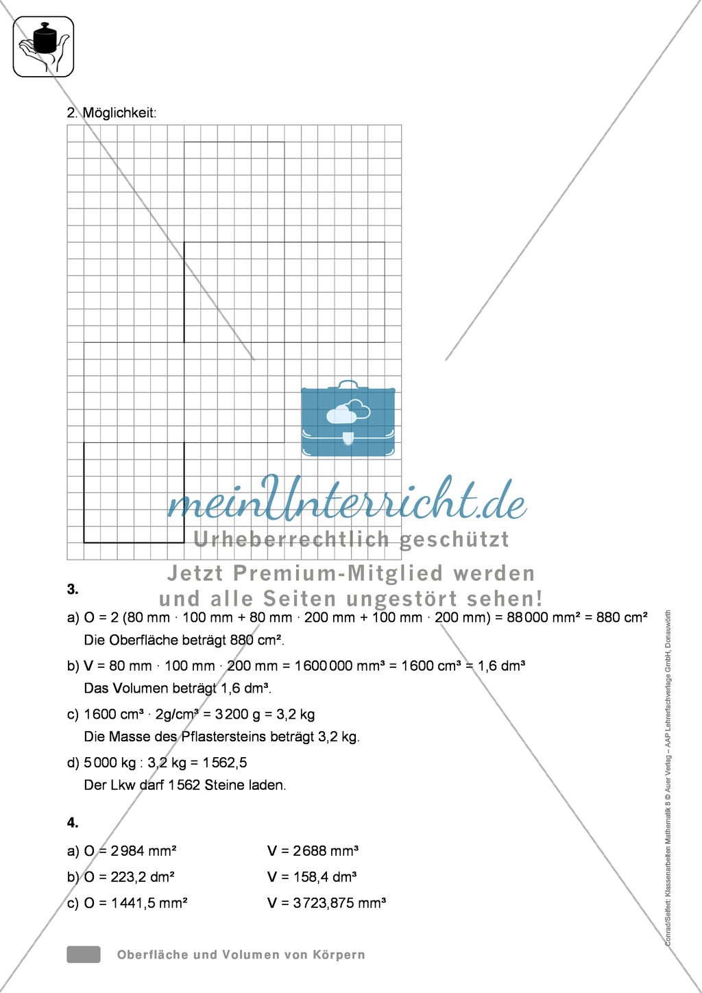 Klassenarbeit zur Berechnung von Oberflächen und Volumen eines Eiswürfels und Pflastersteinen Preview 4