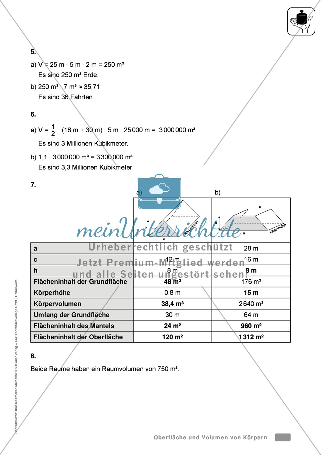 Klassenarbeit zur Berechnung von Oberflächen und Volumen eines Eiswürfels und Pflastersteinen Preview 5