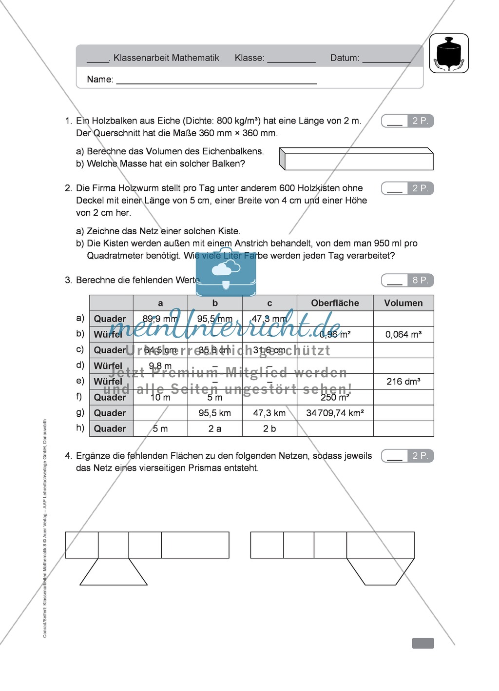 Klassenarbeit zur Berechnung von Oberfläche und Volumen von Holzbalken und Farbe für Holzkisten Preview 1