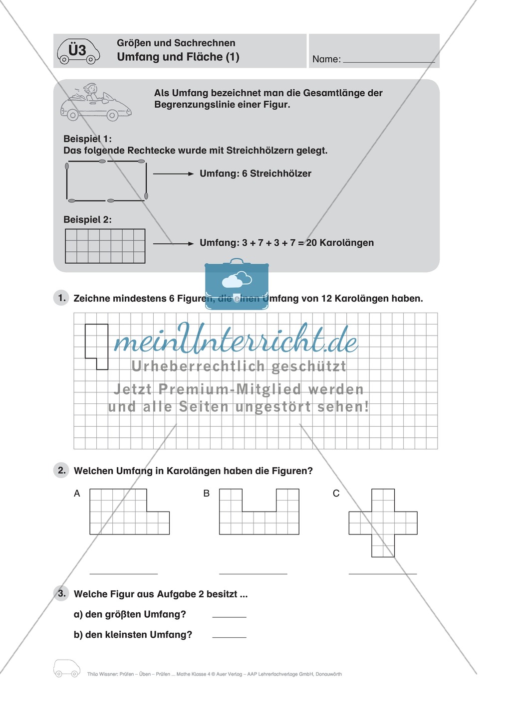 Umfang und Fläche von geometrischen Formen auf Kästchenpapier Preview 1