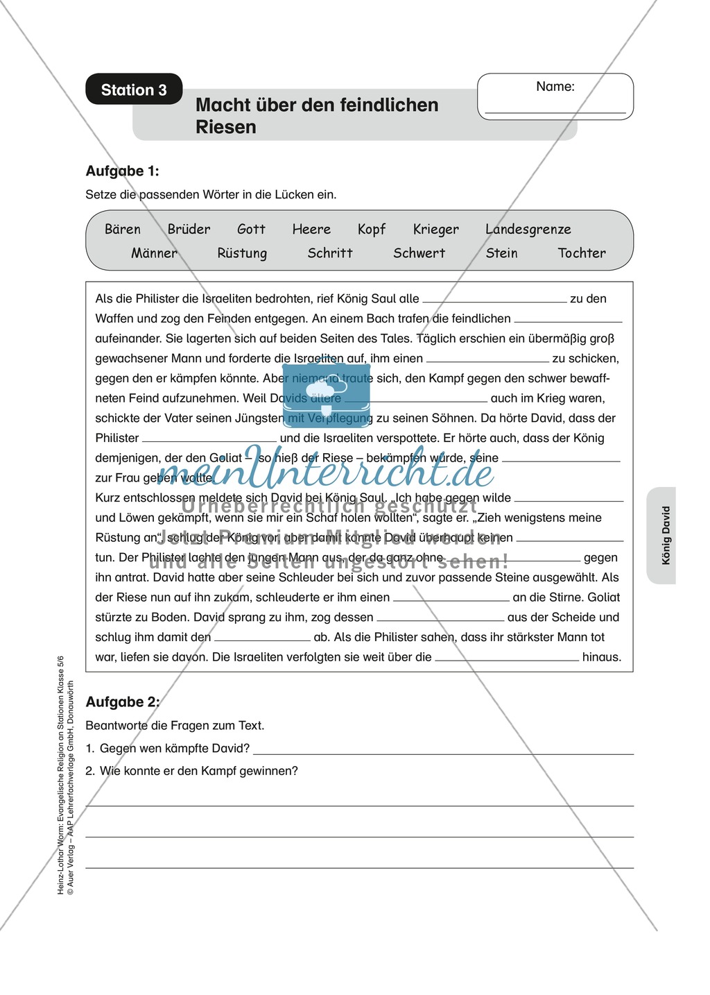 König David: Macht über den feindlichen Riesen. Arbeitsmaterial mit Erläuterungen Preview 1