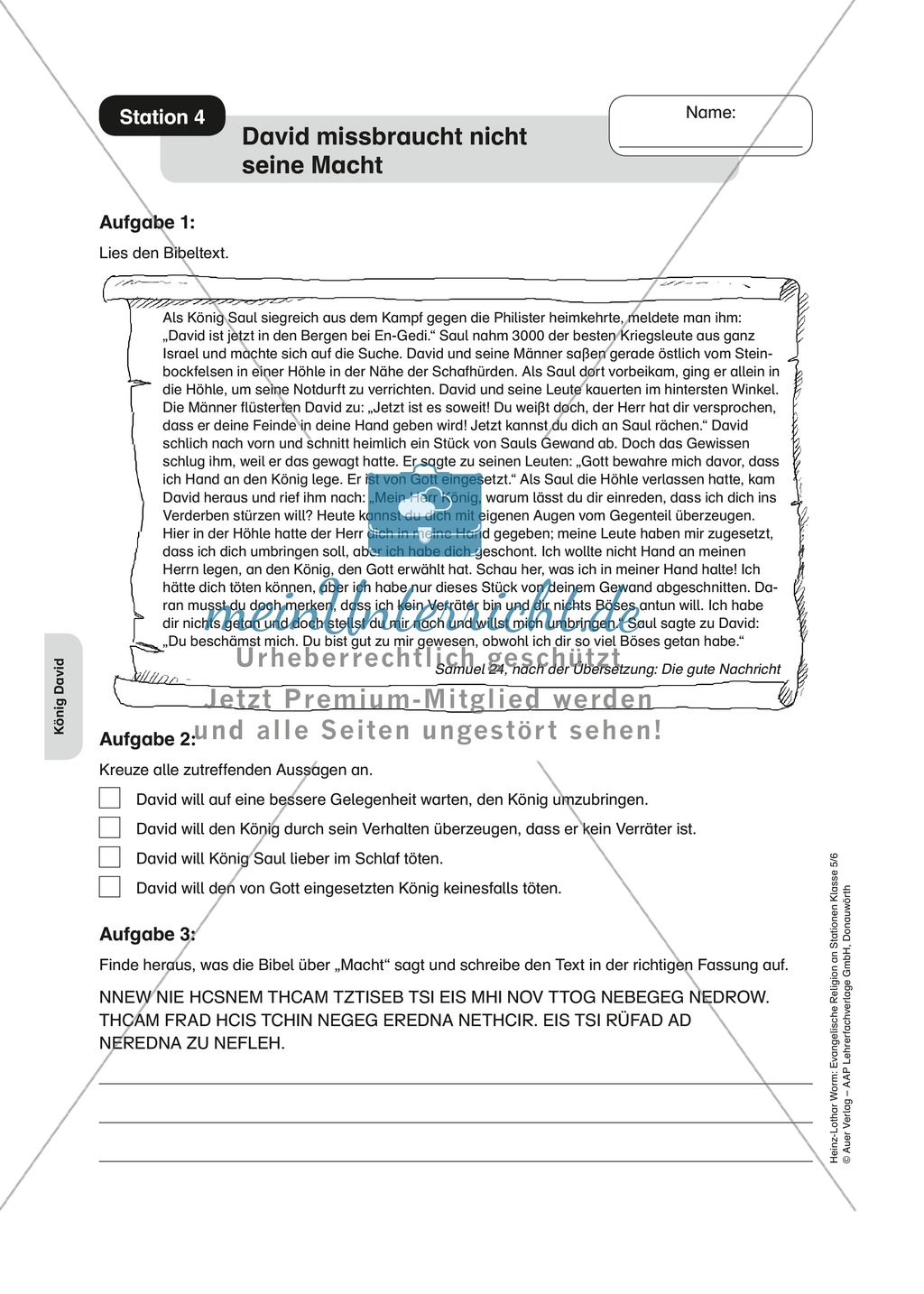 König David: verantwortungsvolle Machtausübung. Arbeitsmaterial mit Erläuterungen Preview 1