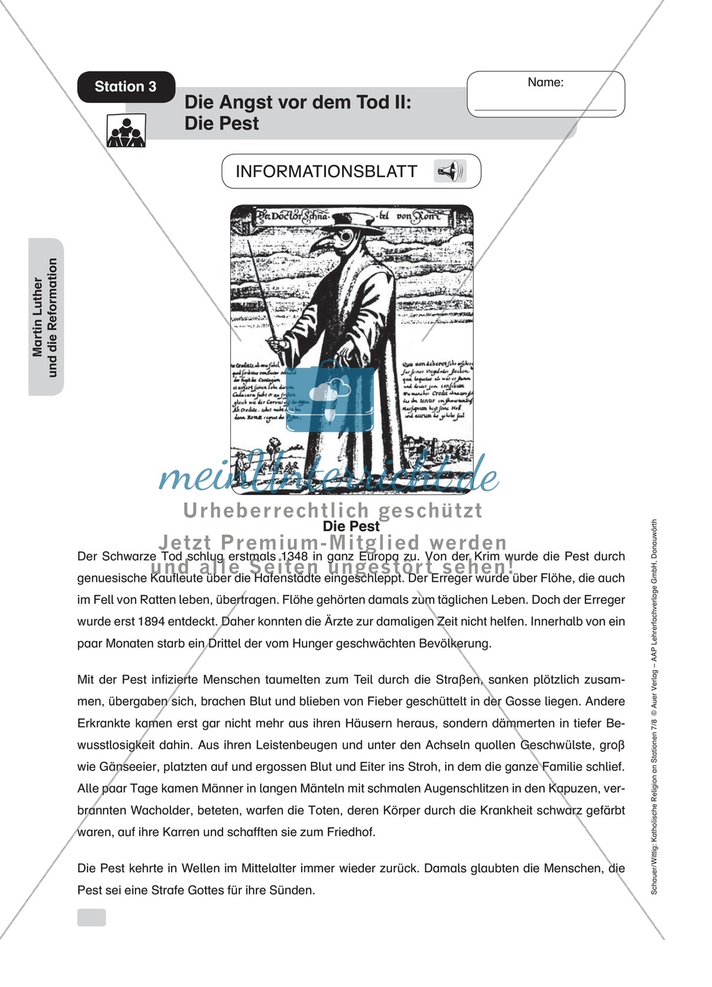Martin Luther: Die Pest. Arbeitsmaterial mit Erläuterungen Preview 1