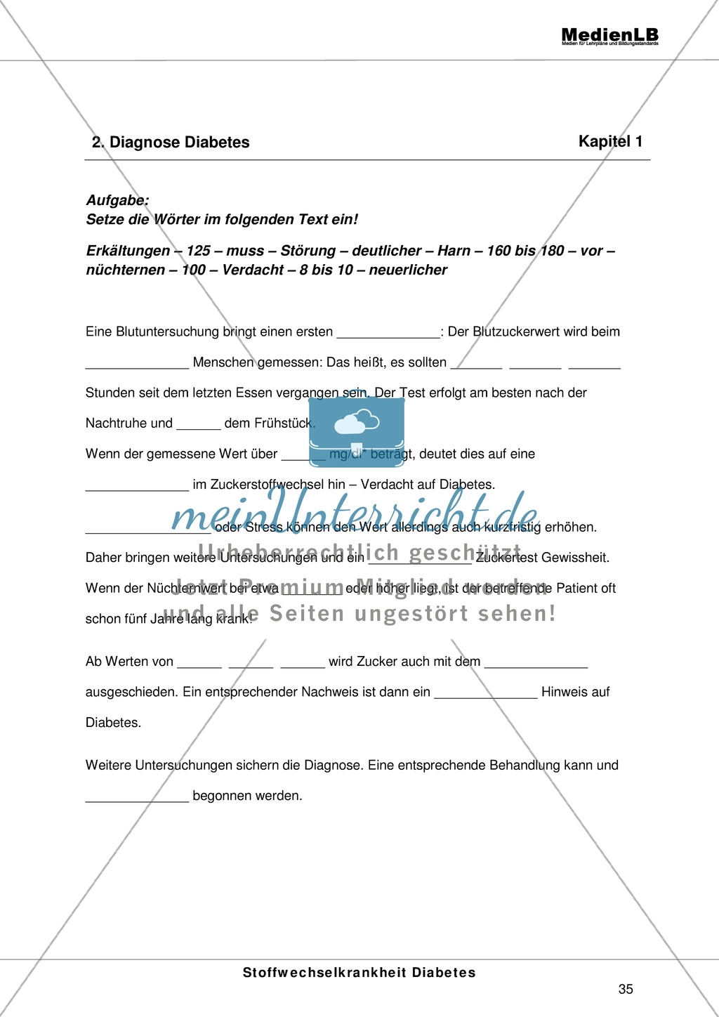 Diabetes - Lückentext zur Diagnose von Diabetes Preview 1