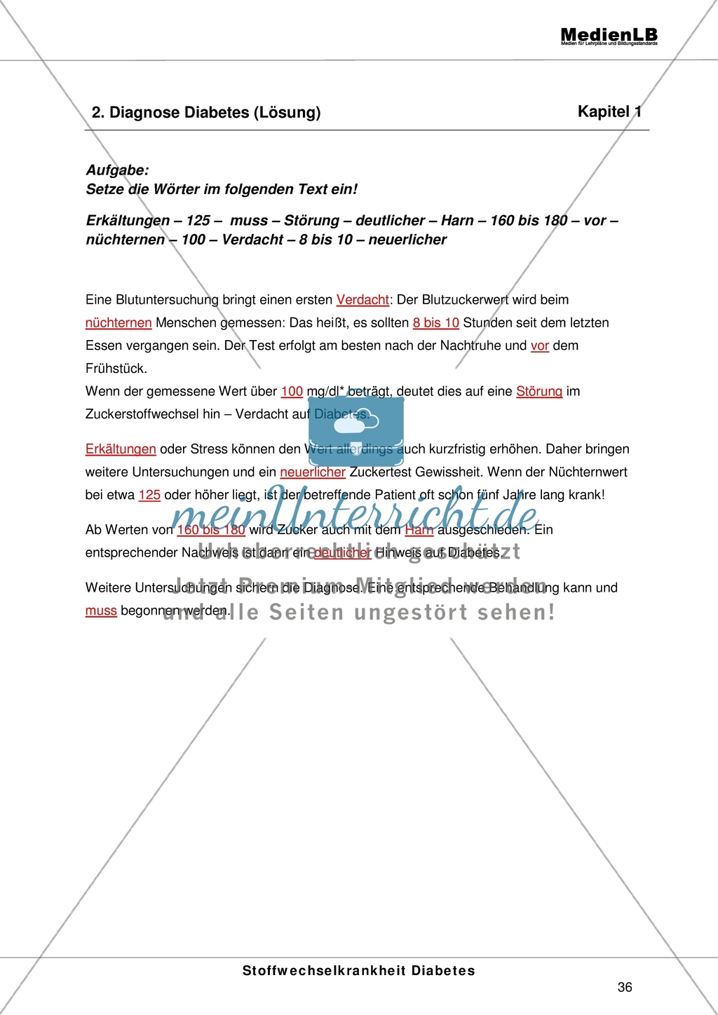 Diabetes - Lückentext zur Diagnose von Diabetes Preview 2