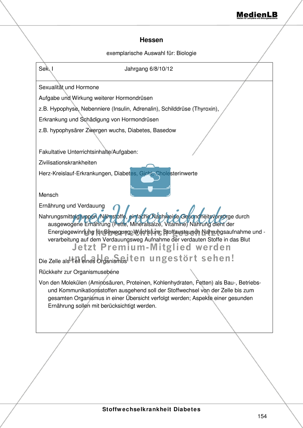 Das Thema Stoffwechsel bei Diabetes im Lehrplan von Hessen Preview 1