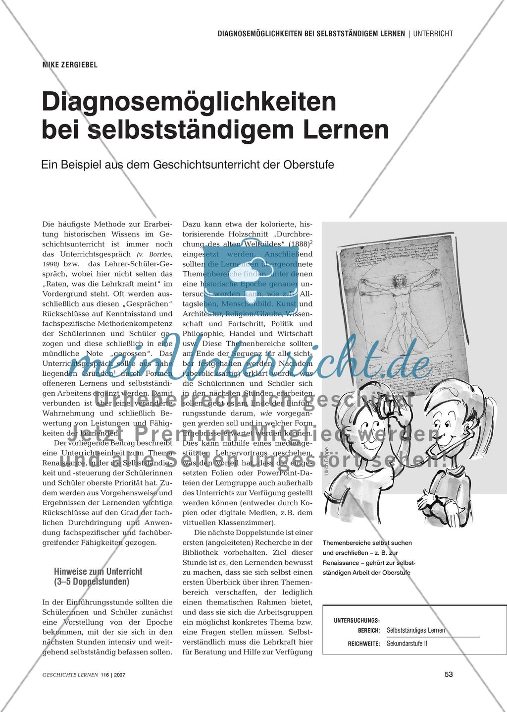 Diagnosemöglichkeiten bei selbstständigem Lernen: Ein Beispiel aus dem Geschichtsunterricht der Oberstufe Preview 1