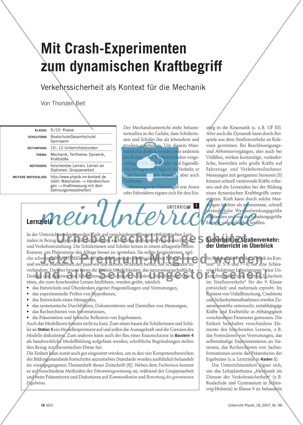 Mit Crash-Experimenten zum dynamischen Kraftbegriff - Verkehrssicherheit als Kontext für die Mechanik Preview 1