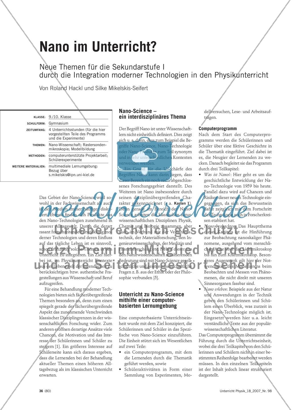 Nano im Unterricht? - Neue Themen für die Sekundarstufe I durch die Integration moderner Technologien in den Physikunterricht Preview 1