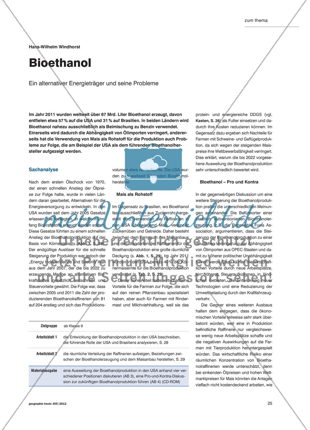 Bioethanol - Ein alternativer Energieträger und seine Probleme Preview 1