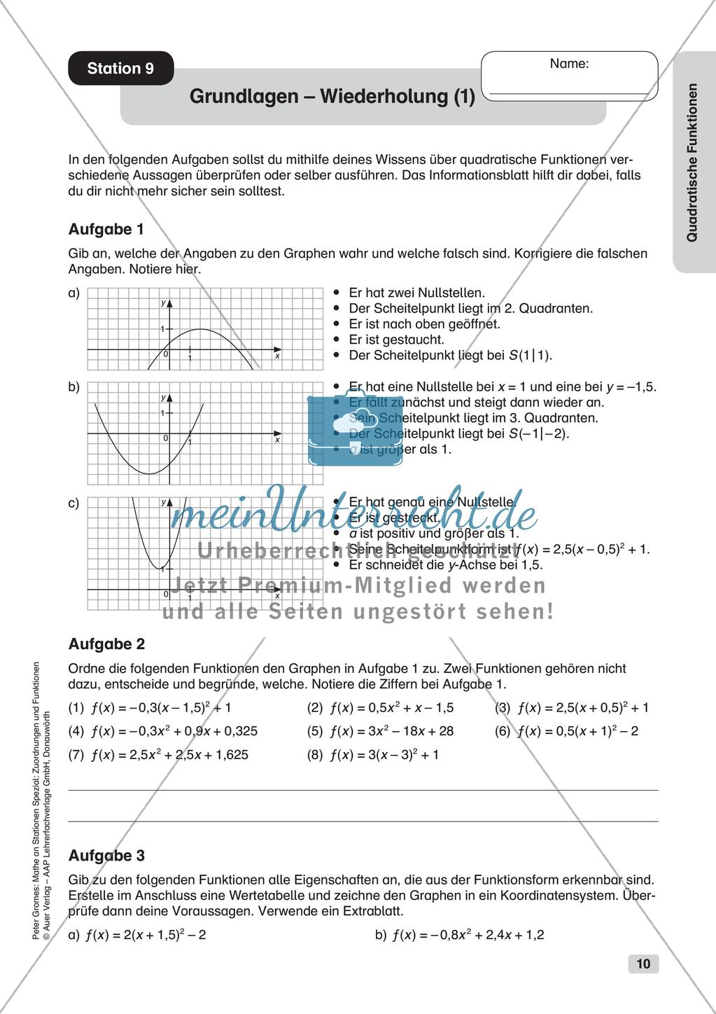 Stationenlernen Mathematik: Quadratische Funktionen Preview 12