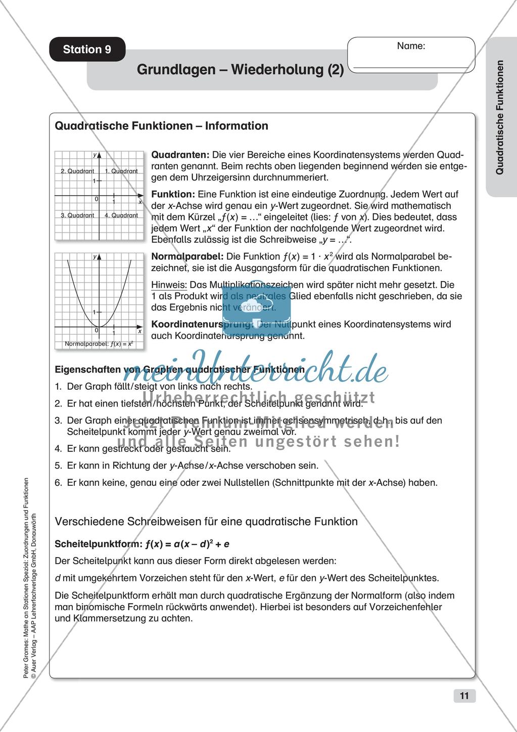 Stationenlernen Mathematik: Quadratische Funktionen Preview 13