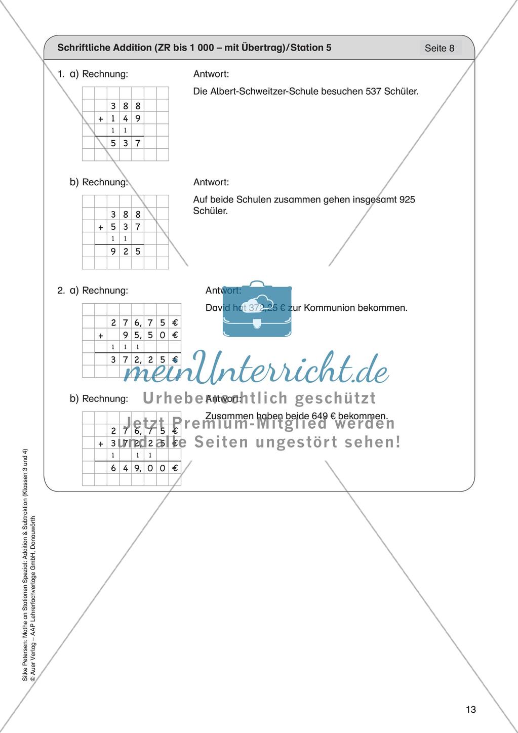 Mathe an Stationen: Schriftliche Addition (ZR bis 1000 mit Übertrag) Preview 15