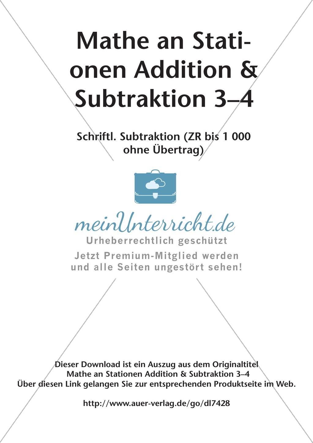 Mathe an Stationen: Schriftliche Subtraktion (ZR bis 1000 ohne Übertrag) Preview 2