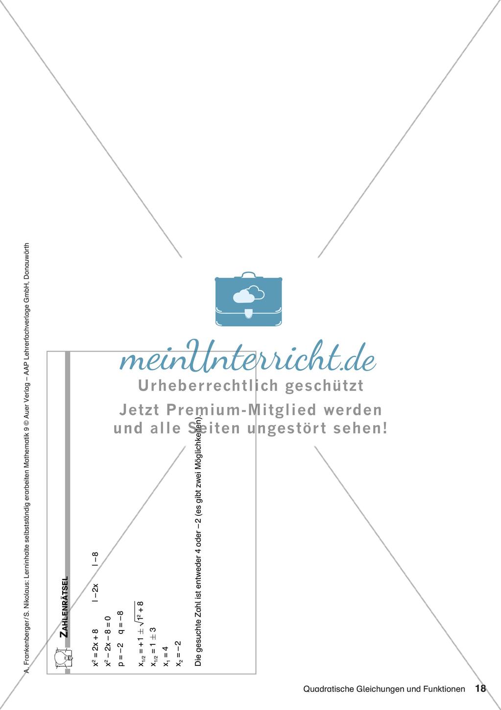 Lerninhalte selbstständig erarbeiten Thema Quadratische Gleichungen und Funktionen Preview 20