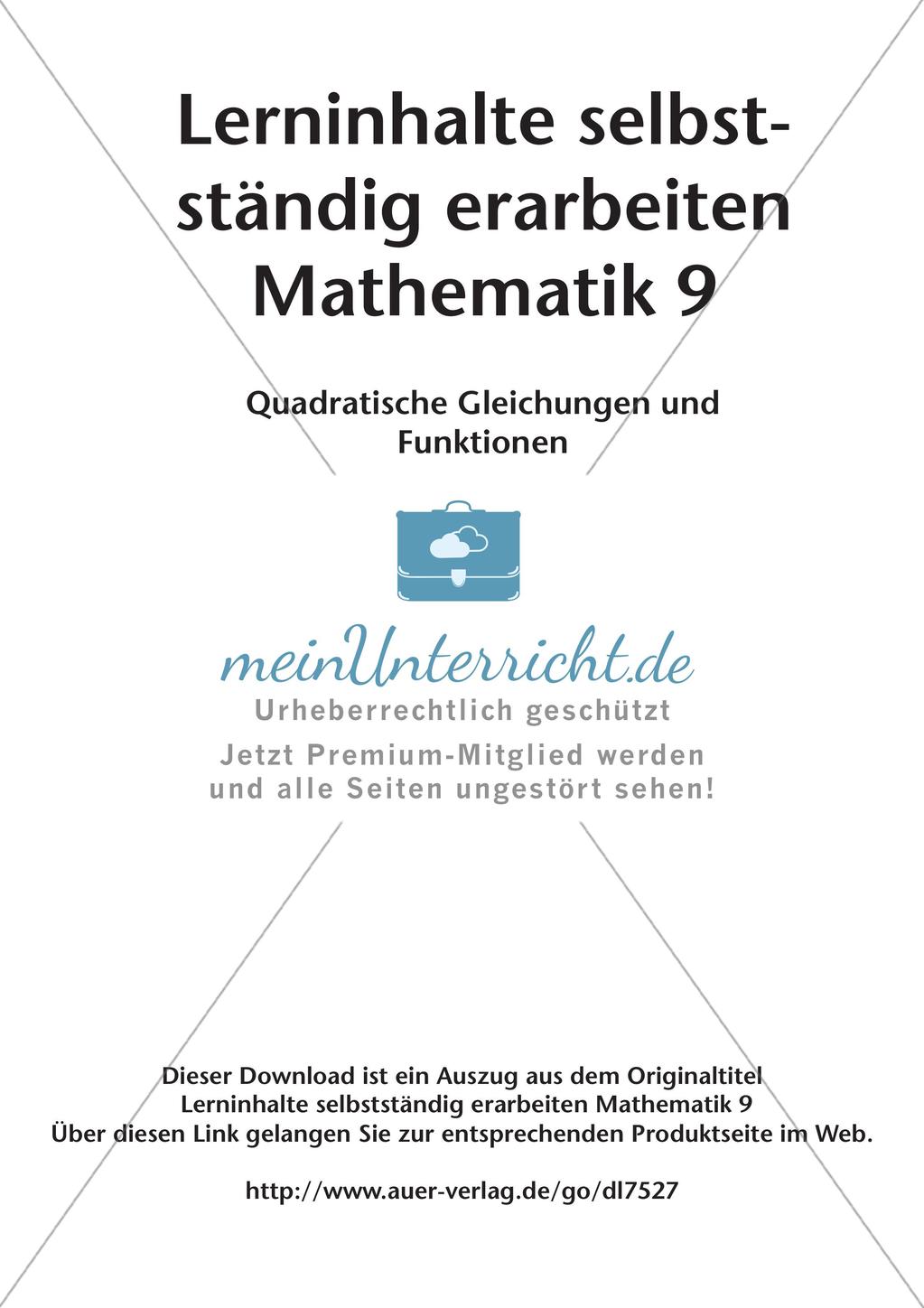 Lerninhalte selbstständig erarbeiten Thema Quadratische Gleichungen und Funktionen Preview 2