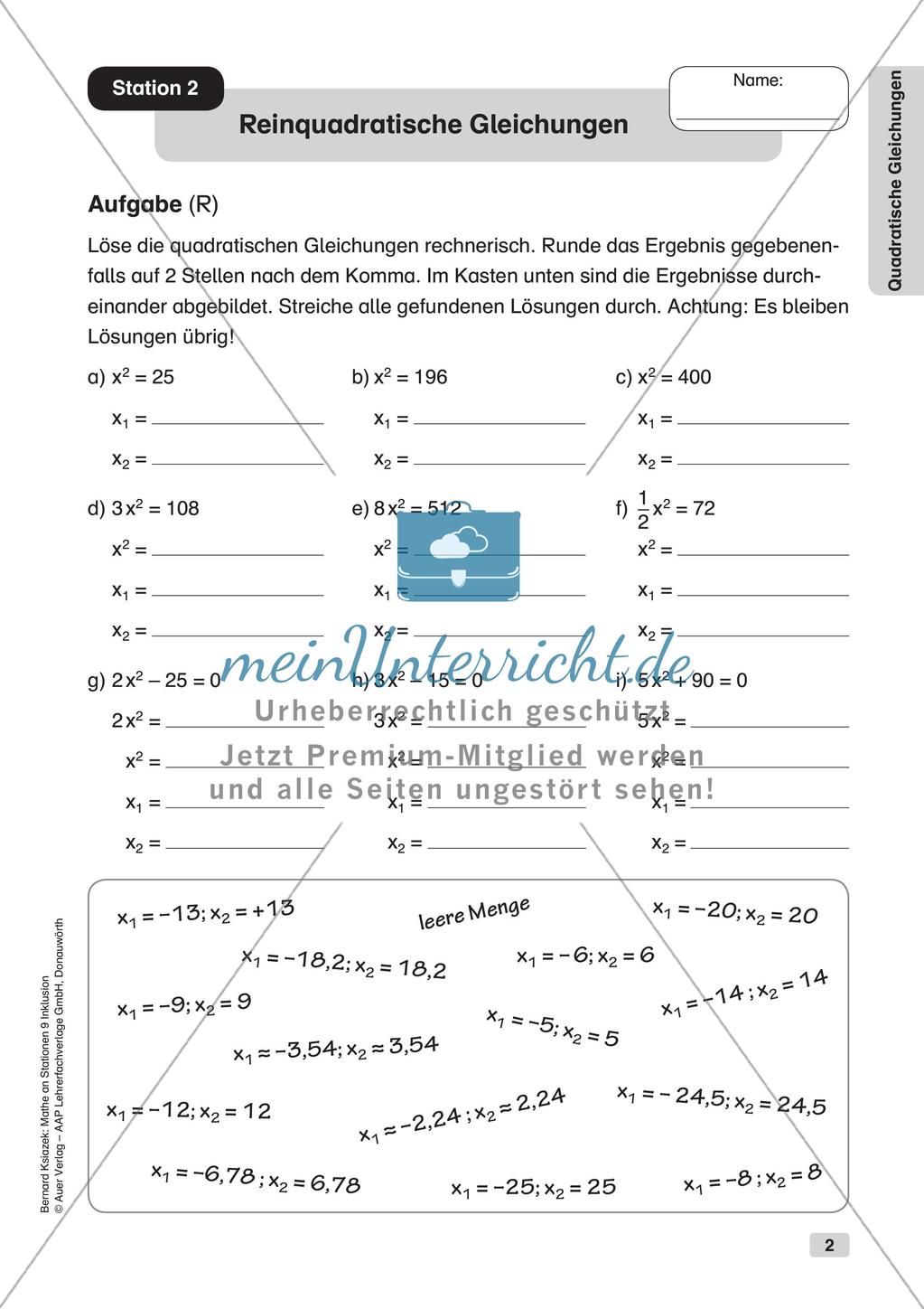 Mathe an Stationen - Inklusion: Quadratische Gleichungen Preview 4