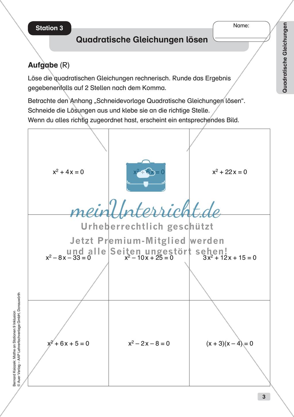 Mathe an Stationen - Inklusion: Quadratische Gleichungen Preview 5