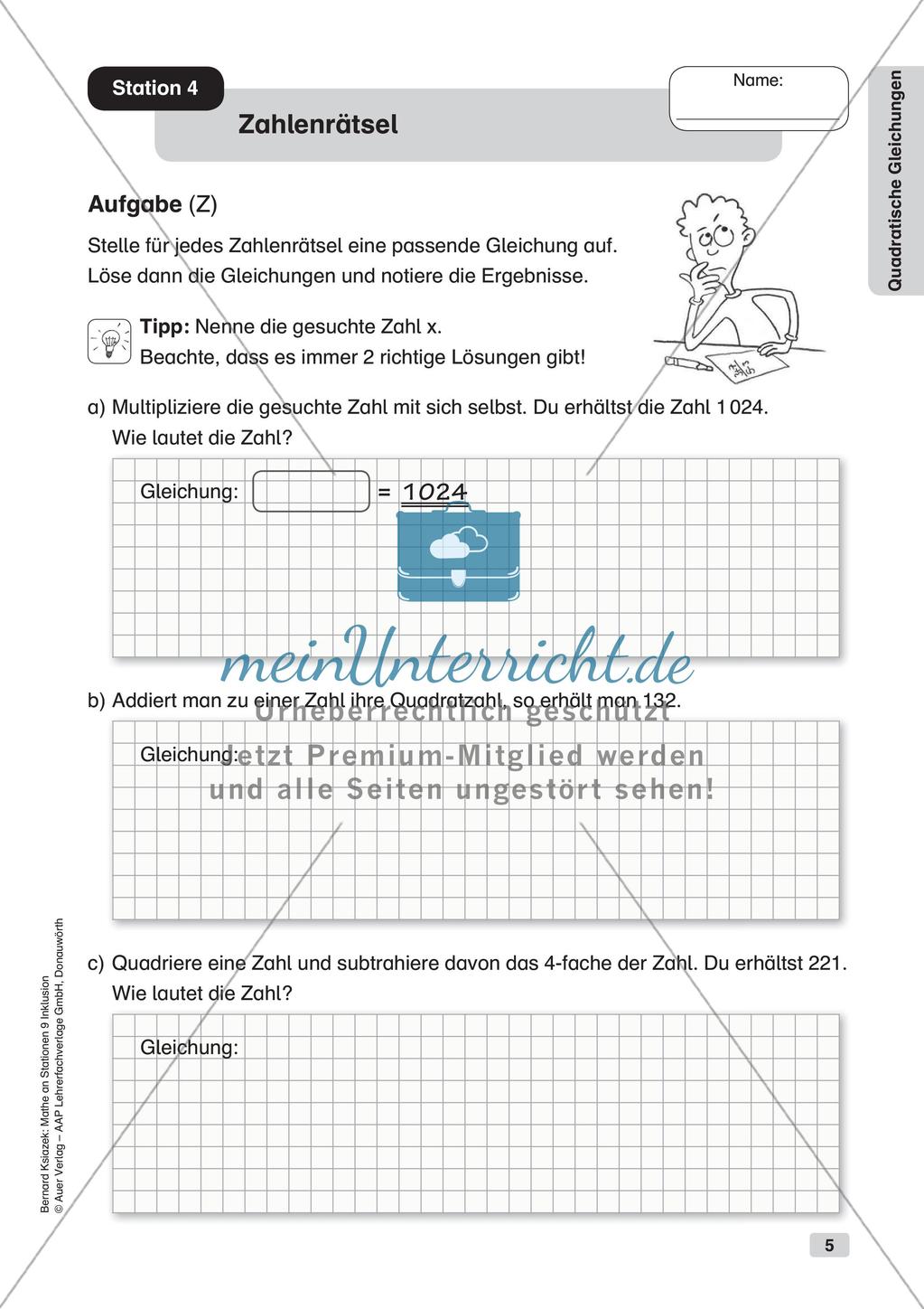 Mathe an Stationen - Inklusion: Quadratische Gleichungen Preview 7