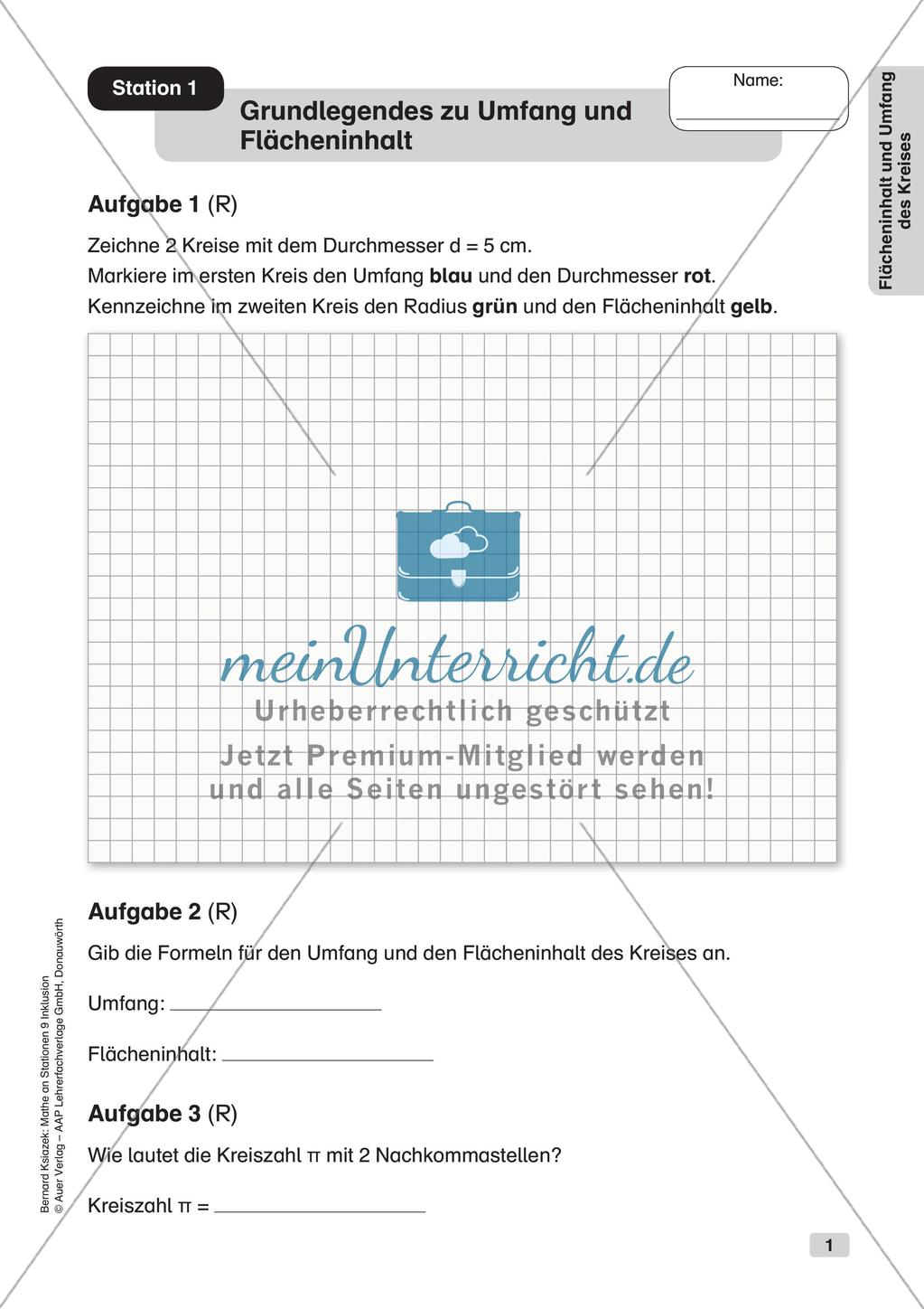 Mathe an Stationen - Inklusion: Flächeninhalt und Umfang des Kreises Preview 3