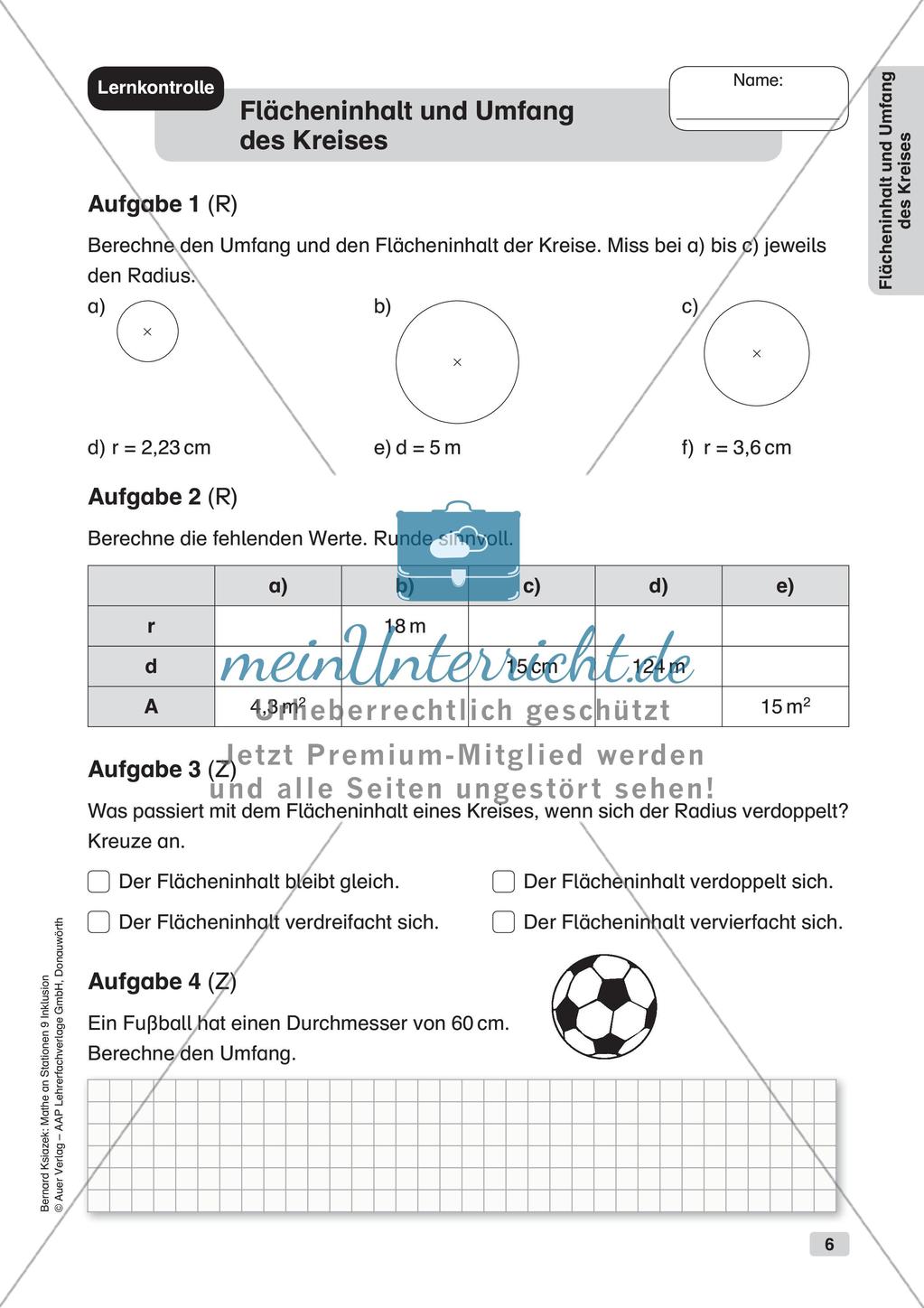 Mathe an Stationen - Inklusion: Flächeninhalt und Umfang des Kreises Preview 8