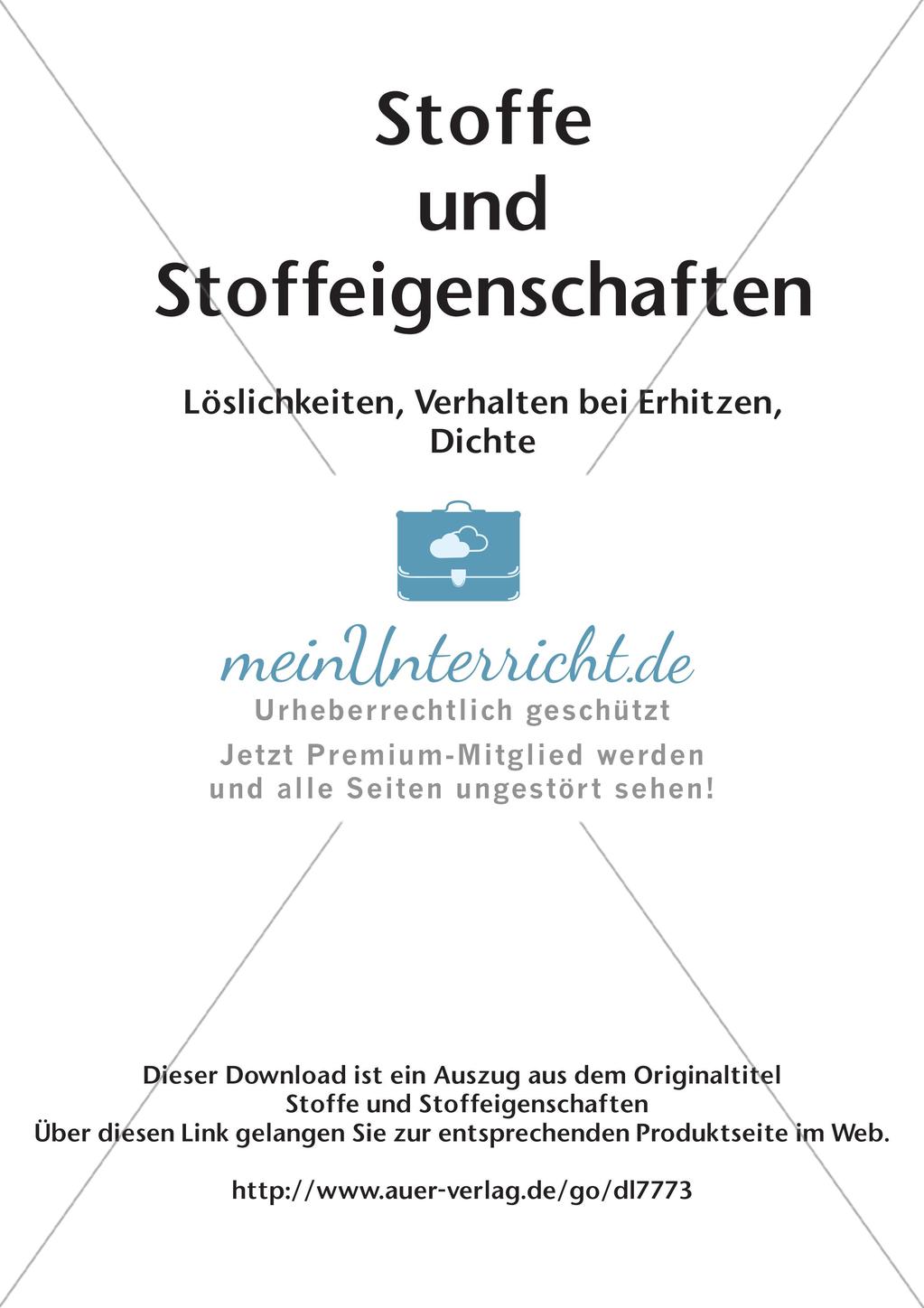 Stoffe und ihre Eigenschaften: Löslichkeiten, Verhalten bei Erhitzen, Dichte Preview 2
