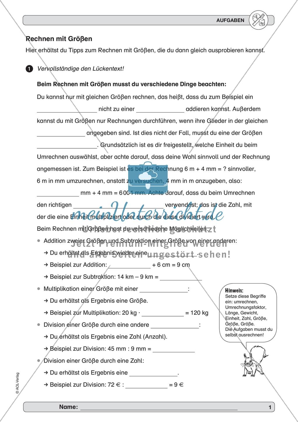 Messen und Größen: Rechnen mit Größen Preview 3