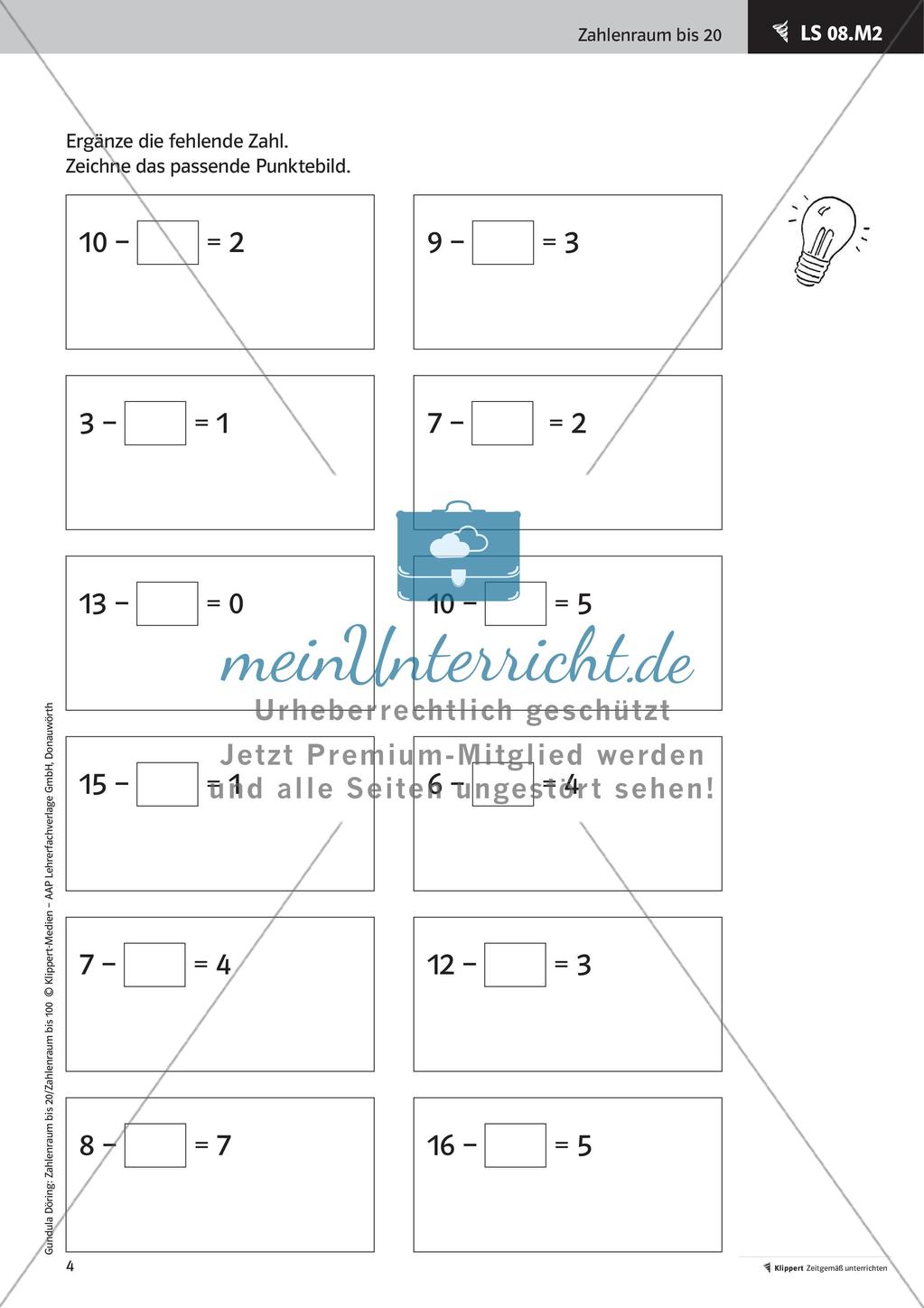 Ergänzungsaufgaben zur Subtraktion Preview 6