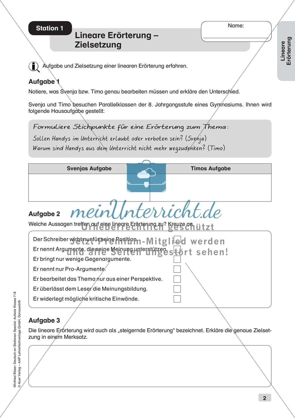 Stationenarbeit Aufsätze: Lineare Erörterung Preview 4