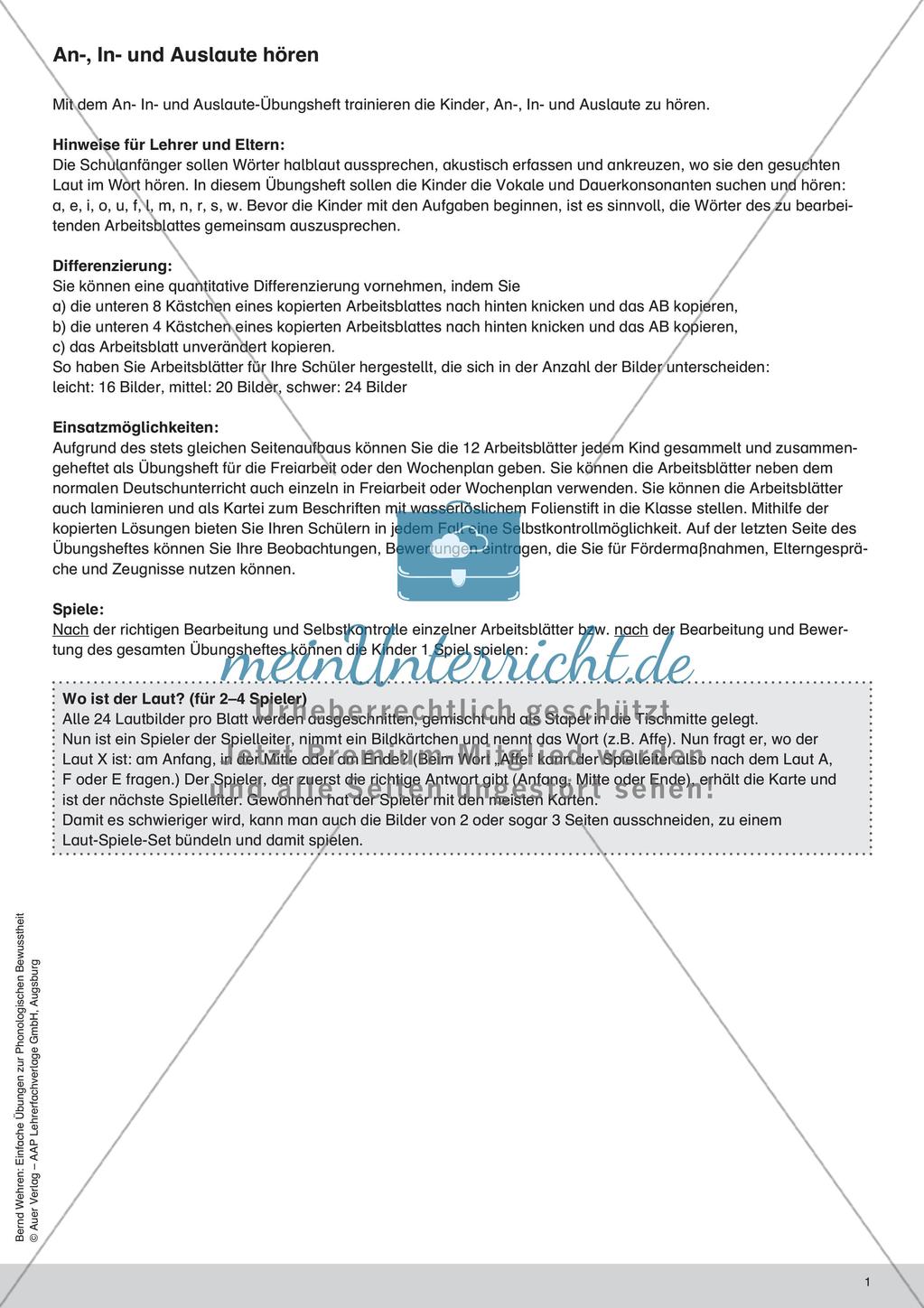 Training der Phonologischen Bewusstheit: An-, In- und Auslaute Preview 3