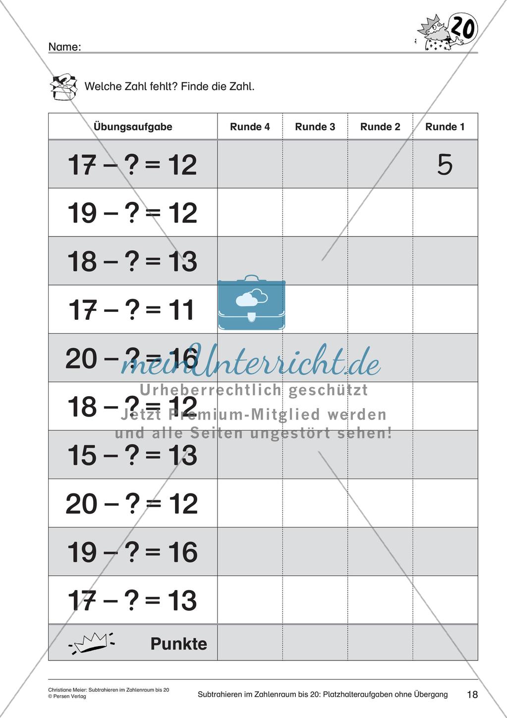 Subtraktion im Zahlenraum bis 20 Preview 20