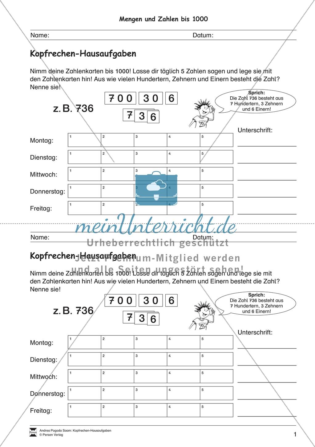 Hausaufgaben zum Kopfrechnen Preview 3