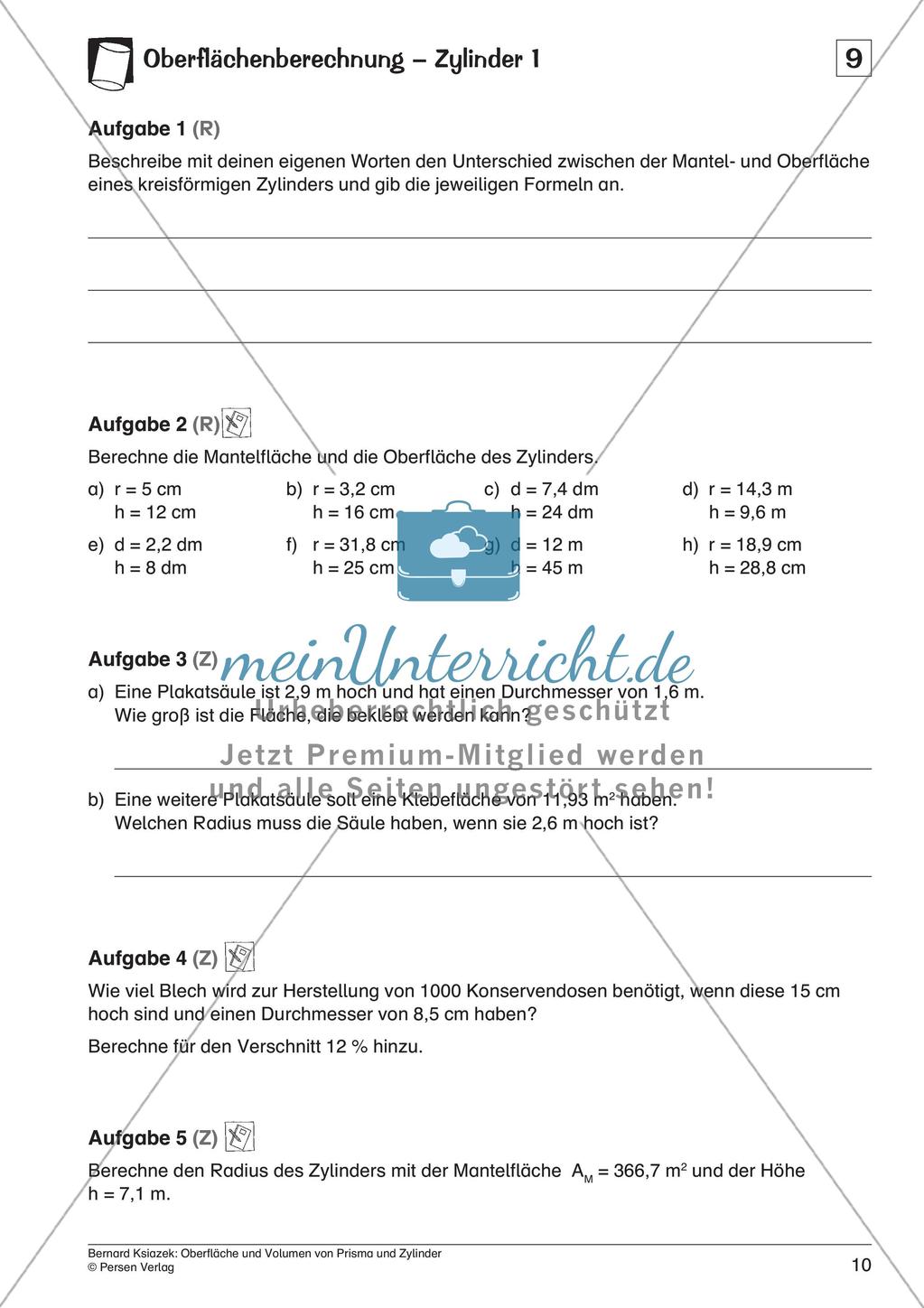 Oberfläche und Volumen: Prisma und Zylinder Preview 12
