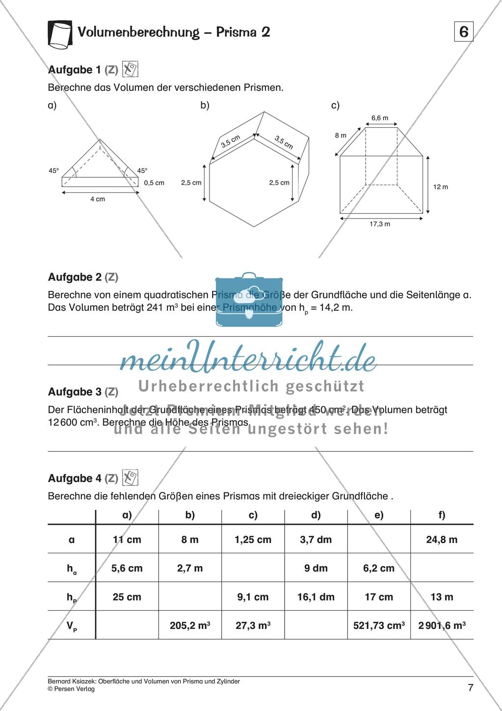 Oberfläche und Volumen: Prisma und Zylinder Preview 9